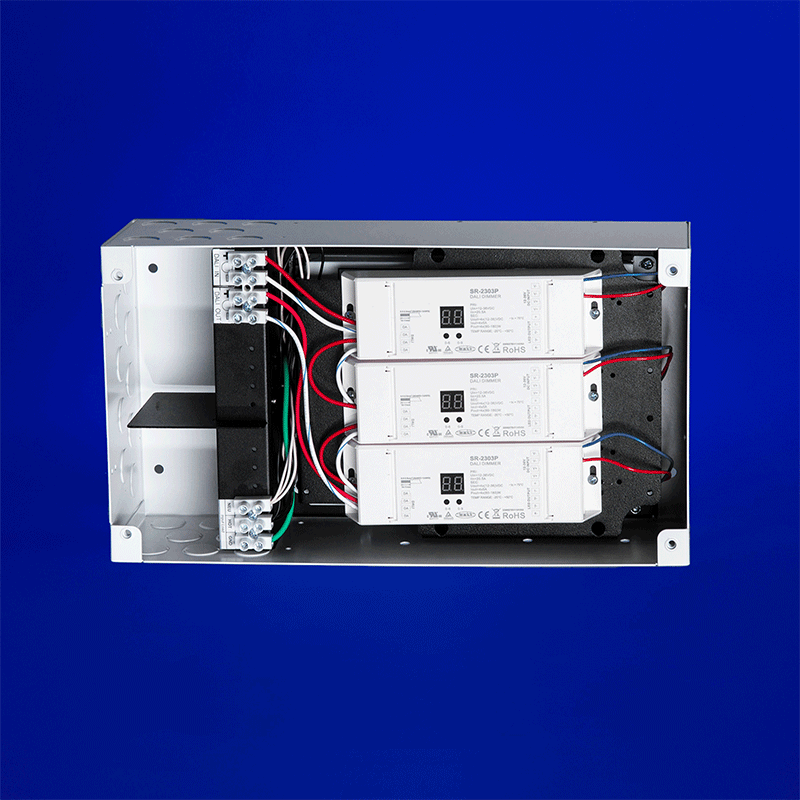 LED power supply, 100-300W at 24VDC, featuring Thomas Research Driver and DT-6 Decoders. Prewired with terminal blocks and offers both recessed or surface mounting options