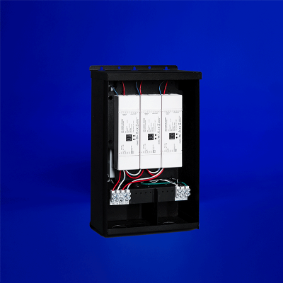 LED power supply, 100-300W at 24VDC, featuring Thomas Research Driver and DT-8 Decoders. Prewired with terminal blocks and designed for surface mounting.
