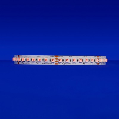 Dynamic RGB LED strip at 24-volt, glowing with 338 lm/ft when all LEDs are active, featuring 7 diodes every 2 inches. Versatile for color-changing applications and suitable for various environments from dry to wet
