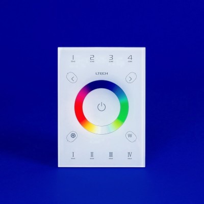 UX8 Controller: Touch-sensitive DMX-based device for architectural lighting, featuring a user-friendly display, one-touch brightness control, and customizable scenes. Comes with a color wheel for precise color adjustments, perfect for interior spaces