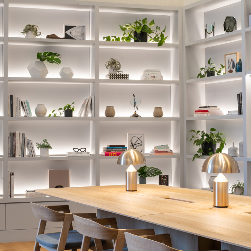 LED extrusions and strips elegantly light a white bookcase