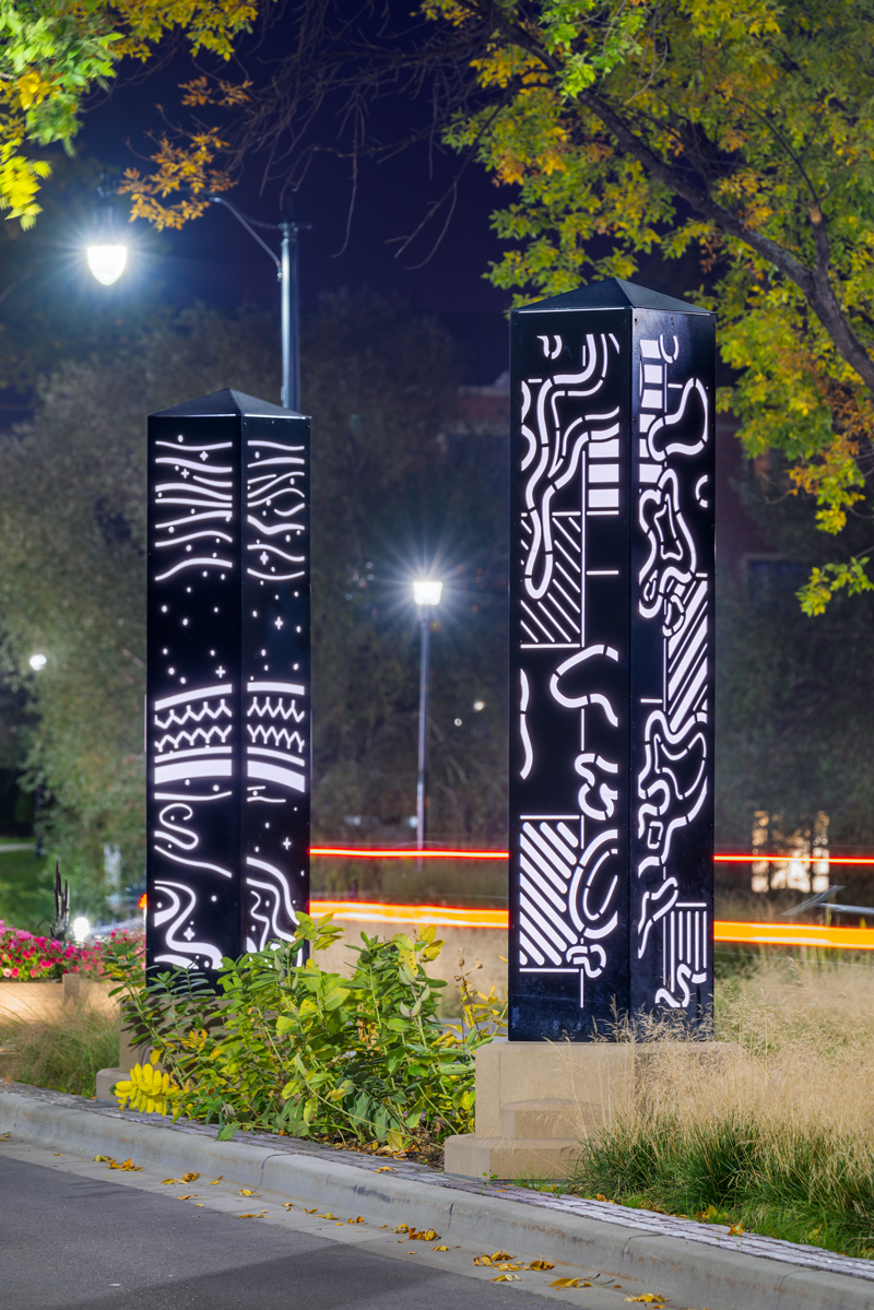 Unique LED towers graphically represent each school at UND