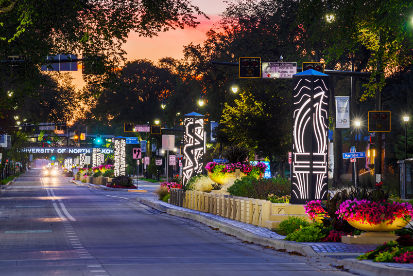 Sunset on University Avenue display illuminated LED towers