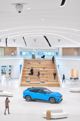 Vibrant lighting design in the Ford Experience Center&#39;s main lobby by Illuminart