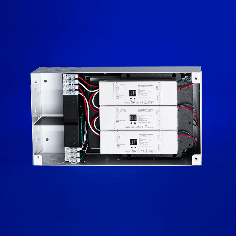 LED power supply, 100-300W at 24VDC, with Thomas Research Driver and DT-8 Decoders. Prewired unit with terminal blocks; offers recessed or surface mounting options.
