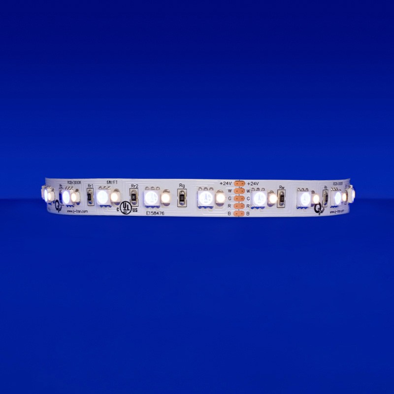 RGBW 24/6.0 LED strip, radiating at 3000K with 99 lm/ft, featuring 12 diodes every 4 inches. Balanced with six diodes for dynamic RGB and six for static white, suitable for vibrant color shifts