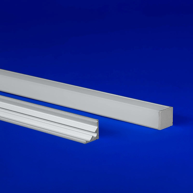  45-degree aluminum extrusion with a two-sided 90-degree lens in satin finish, designed for diode-free viewing and sharp cutoffs in under-cabinet lighting.