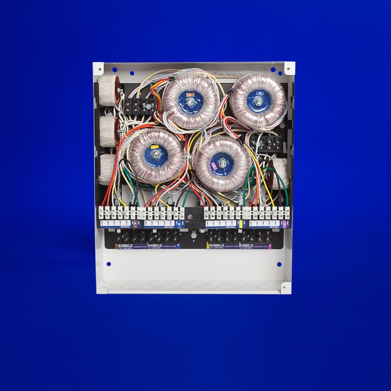 240W-1200W quad AC power supply at 12VAC or 24VAC, featuring five tuning taps for optimal voltage adjustment. UL-listed for versatile mounting in walls of any thickness.